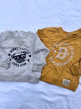 Boys 12M Graphic Sweatshirt Lot of 2 — Joe Fresh F&F — Pug + Varsity — GUC
